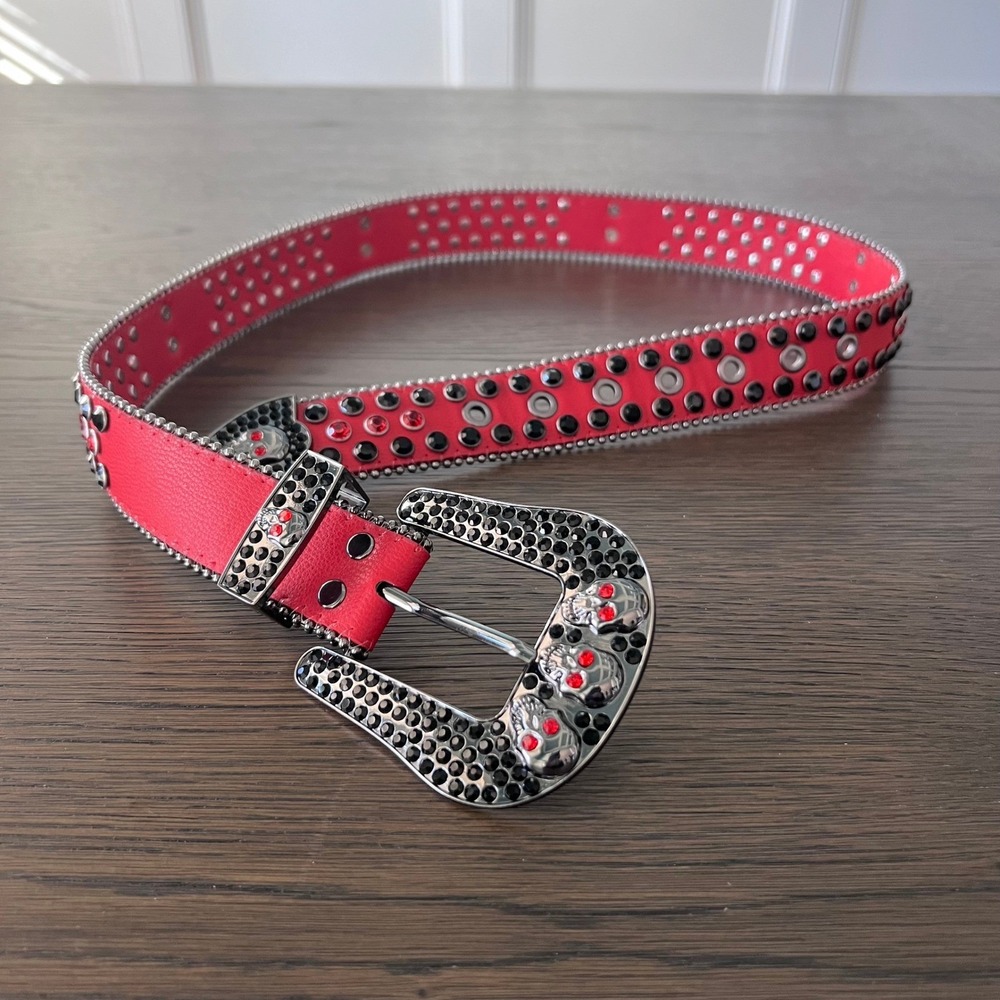 Hot Pink Red Rhinestone Skull Buckle Western‎ Sparkly Belt Women's Belt